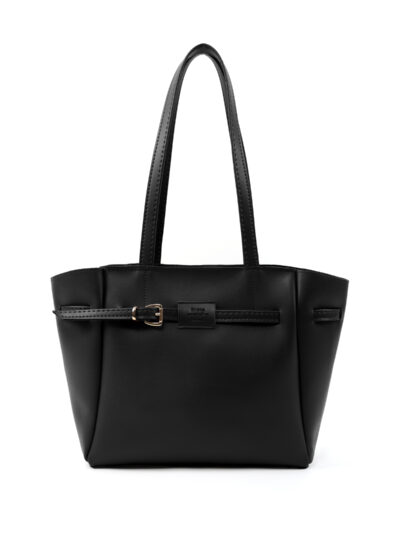 Siyah Suni Deri Omuz Çantası | Fermuarlı | Tek Bölmeli | Kemer Detaylı | Kadın El, Kol, Omuz Çantası